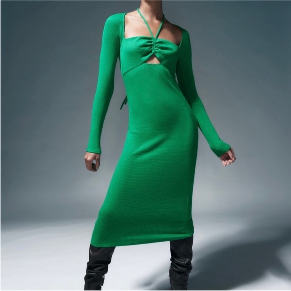 Zara green cut out ribbed dress NEW - Picture 1 of 8